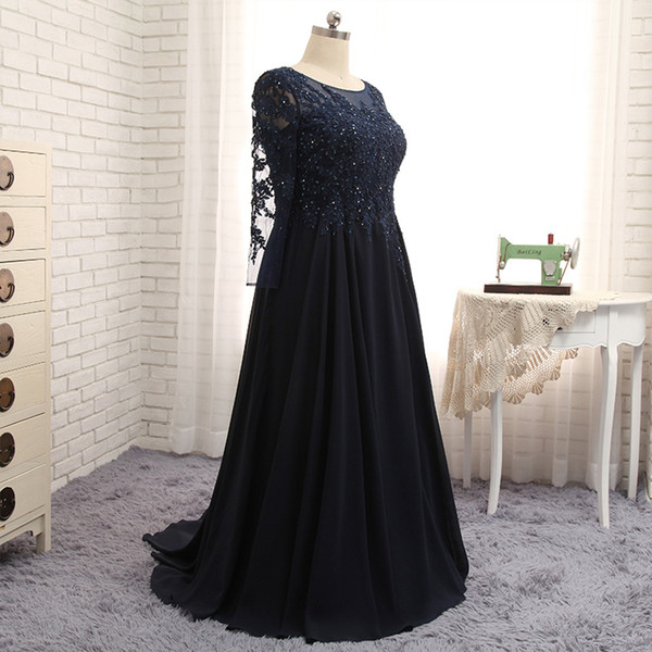 2017 New Arrival Dark Navy Mother of the Bride Dresses Plus Size Scoop Long Sleeves Chiffon Sheer with Applique Shining Sequins Beads