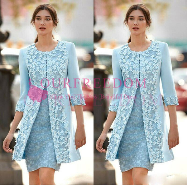 Elegant Light Sky Blue Mother Of The Bride Dresses With 3D Flora Appliques With Jacket Long Sleeve Mother Dresses Formal Evening Wear