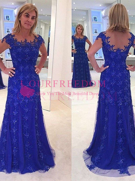 Royal Blue Sequins Appliques Mother Dresses Sheath Short Sleeve Jewel Neck Mother Of The Bride Grooms Dresses Formal Evening Occasion