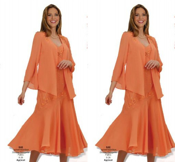 Orange Chiffon With Jacket Mother Dresses 3/4 Long Sleeve Tea Length Mother Of Grooms Dresses Wedding Wear Outfits