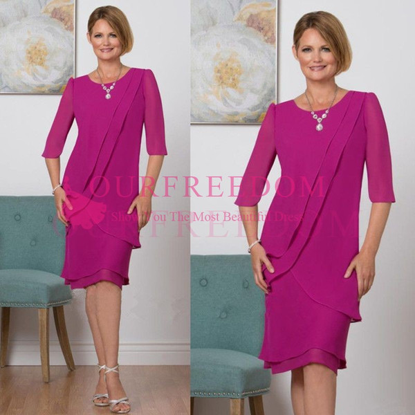 Fuchsia Chiffon Knne Length Mother's Dresses 3/4 Long Sleeve Jewel Neck Mother Of The Bride Grooms Dresses For Country Wedding Wear