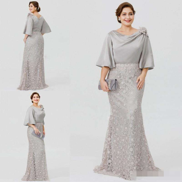 New Silver Elegant Mother Of The Bride Dresses Half Sleeve Lace Mermaid Wedding Guest Dress Plus Size Formal Evening Gowns