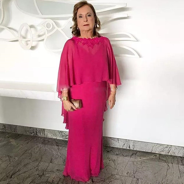 Fuchsia Column Chiffon Mother Of The Bride Dresses Jewel Neck Lace Appliques With Cape Wedding Guest Dress Floor Length Formal Gown