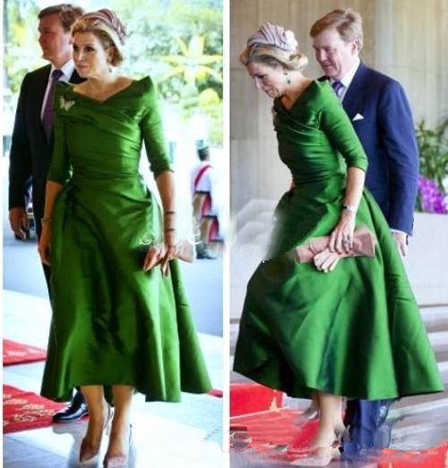 Green Vintage Tea Length Mother of the Bride Dresses 3/4 Long Sleeves Satin Beaded Bateau Princess Formal Party Dresses Evening Gowns