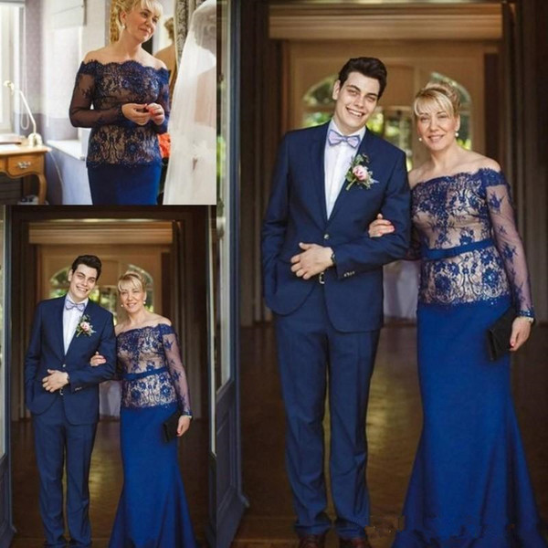 Royal blue Long Sleeve Lace Mother of the Bride Dress Bateau neck off shoulder floor length dress evening wear Wedding Guest Dress