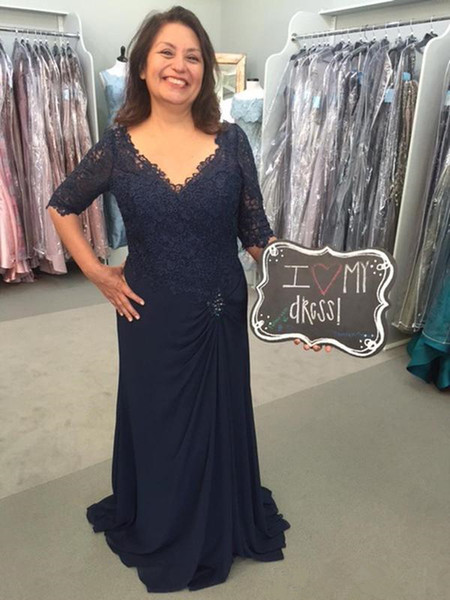 Navy Blue Lace Mother of the Bride Dresses Beaded Pleats Column sheath V-Neck Half long Sleeve Chiffon Formal Evening Party Gowns