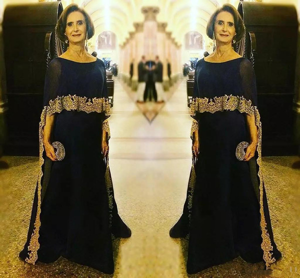 Navy Chiffon Mother Of The Bride Dresses With Wrap Gold Appliques A-Line Plus Size Groom Mother Dresses Arabic Formal Dresses Evening Wear