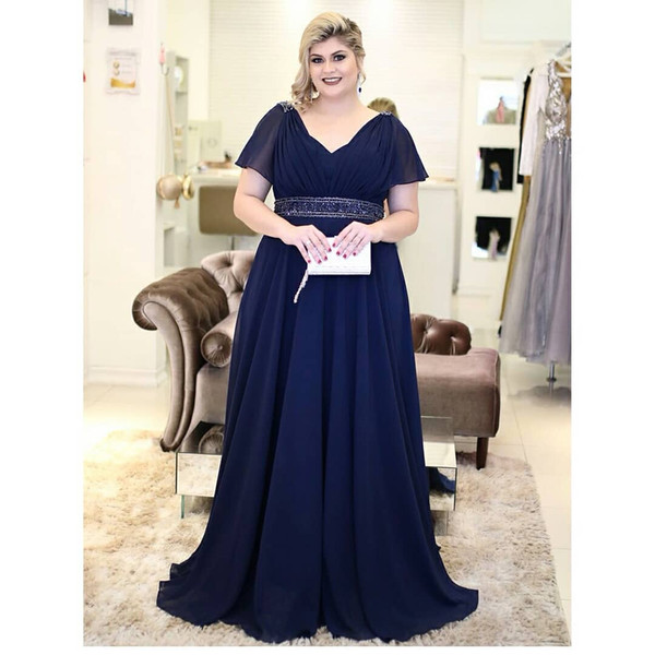 Plus Size Navy Blue Mother of Brides Groom Dresses A Line V-neck with Sash Long Chiffon Arabic Evening Gowns Custom Make