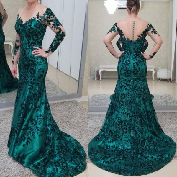 Dark Green Lace Satin Mother of Bride Groom Dresses Vintage Long Sleeves Illusion Backless with Buttons Long Formal Evening Party Gowns