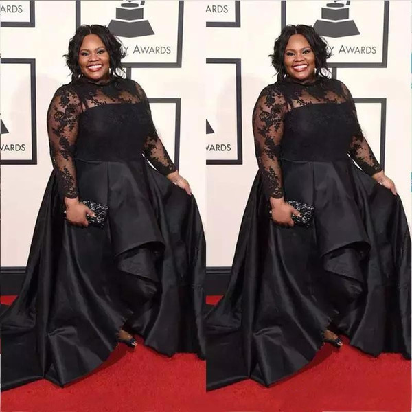 Plus Size Mother Dresses Black Long Sleeves Sheer Lace Satin Evening Gowns Formal Celebrity Red Carpet Dress