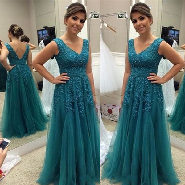 Aqua Mother Dresses New Arrival A Line V Neck Appliques Tulle Floor Length Mother of Bride Groom Formal Evening Gowns Backless