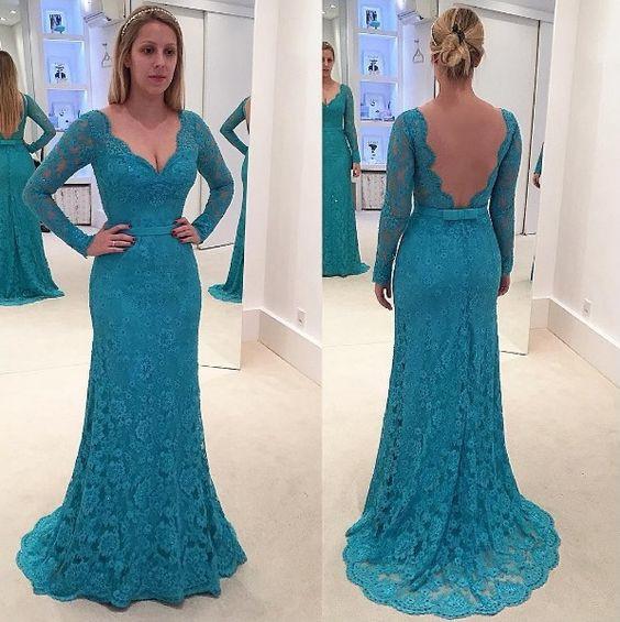 Vintage Aqua Long Sleeves Mother of Bride Groom Dresses Lace Mermaid Sheer Backless Long Sleeves Mother Formal Evening Gowns