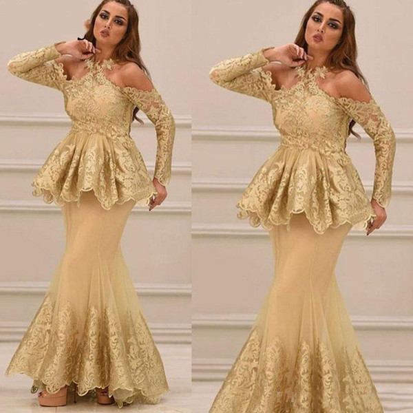 Modest Gold Arabic Evening Dresses Formal Mother Dress Peplim Halter Neck Long Sleeve Lace Party Gowns With Appliques Vestidos