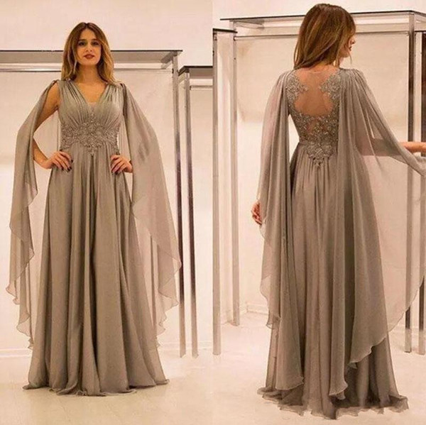 Elegant Chiffon Illusion Back Mother Of The Bride Dresses A Line Lace Applique V Neck Mother Formal Evening Gowns Plus Size Arabic