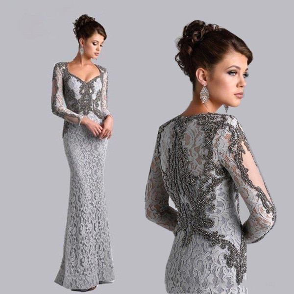 Gray Lace Mermaid Mother Dresses Vintage Long Sleeve Sheer Appliques Beads Long Mother of Bride Groom Formal Party Evening Gowns bc1709