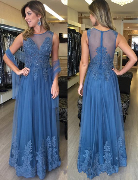 Sheer Tulle Blue Mother of the Bride Dresses Matched Wraps Floor Length Jewel Neck A-Line Beads Applique Lace Formal Evening Gowns M106