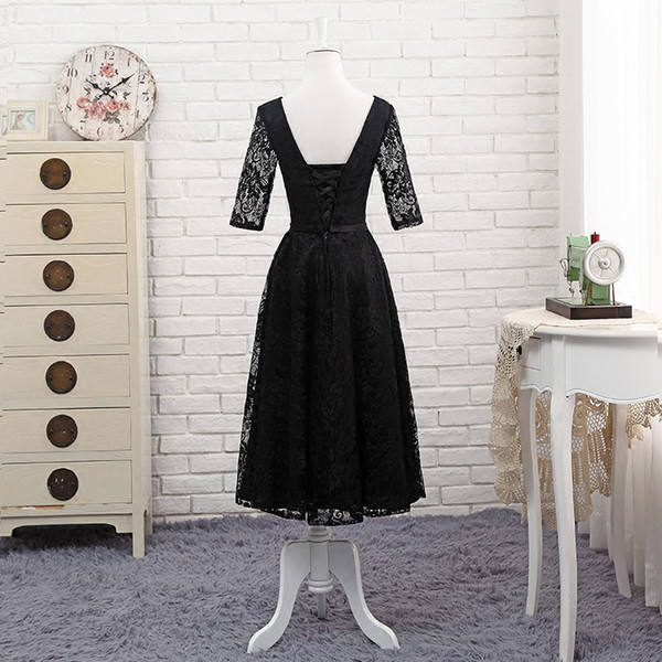 Fancy Lace Mother of the Bride Dresses Half Sleeves Lace-up with Zipper Back Tea Length Elegant Mother of the bride dresses