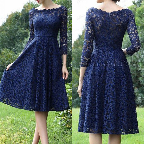 Elegant Royal Blue Lace Mother of the bride Dresses Bateau 3/4 Long Sleeves Lace Party Dress Zipper Back Cheap