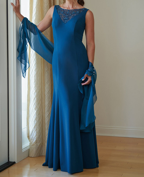 Elegant Blue Mother of the Bride Dresses with Bolero Chiffon Long Mother of the Bride Dresses Sheer neck with Beads Sequins