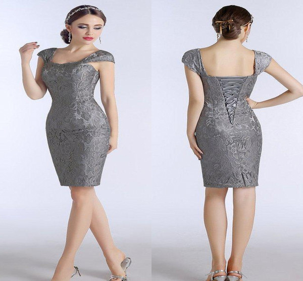 Lace Silver Grey Mother Of The Bride Dresses Knee Length Sheath With Capped Short Sleeves Custom Made Plus Size Women Evening Dresses HY328