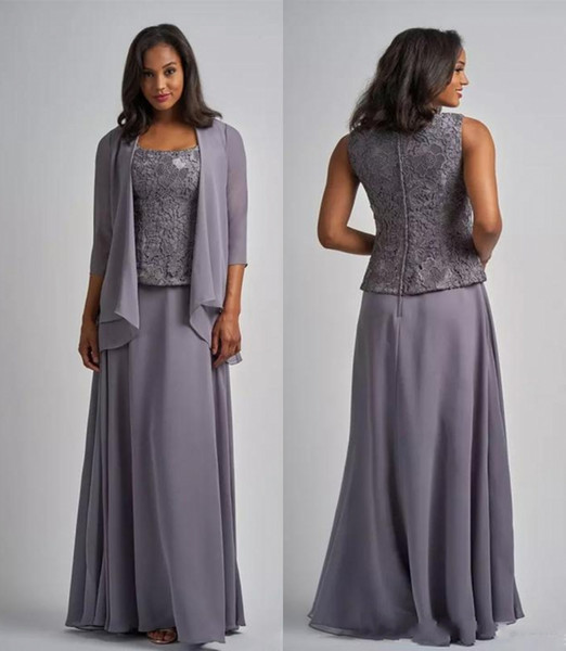 Three Pieces Chiffon Long Mother Of The Bride Dress Square Neck Long Sleeve Jacket Grey Mother's Dress Plus Size Floor Length Formal Gowns