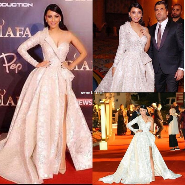 Stunning One Shoulder Celebrity Dresses Side Split Lace Appliques Dubai Style A Line Red Carpet Dresses Formal Evening Dresses