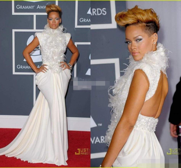 Sexy Rihanna on Grammy Red Carpet Celebrity Dresses Mermaid Backless High Neck Feather Sequins Cap Sleeves Evening Gowns Prom Dresses