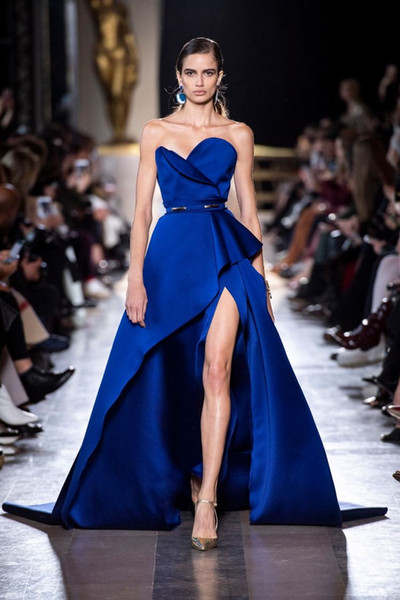 Elie Saab Royal Blue Strapless Celebrity Dresses Sexy Side Split A Line Sweep Train Formal Occasion Evening Dresses Custom Made Hot