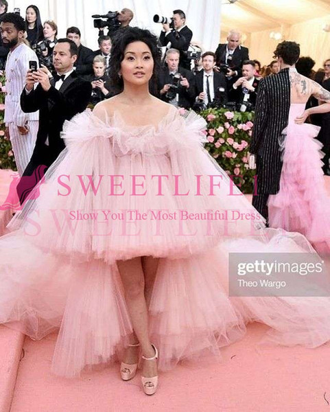 Met Gala Pink Celebrity Dresses Off The Shoulder Hi Low Tulle Puffy Ball Gown Formal Evening Occasion Prom Dresses Custom Made