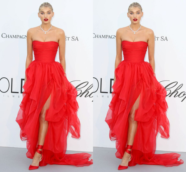 Red Carpet Celebrity Dresses Strapless Sexy Side Split Zipper Back Tulle Sweep Train Formal Evening Dresses Prom Occasion Dresses
