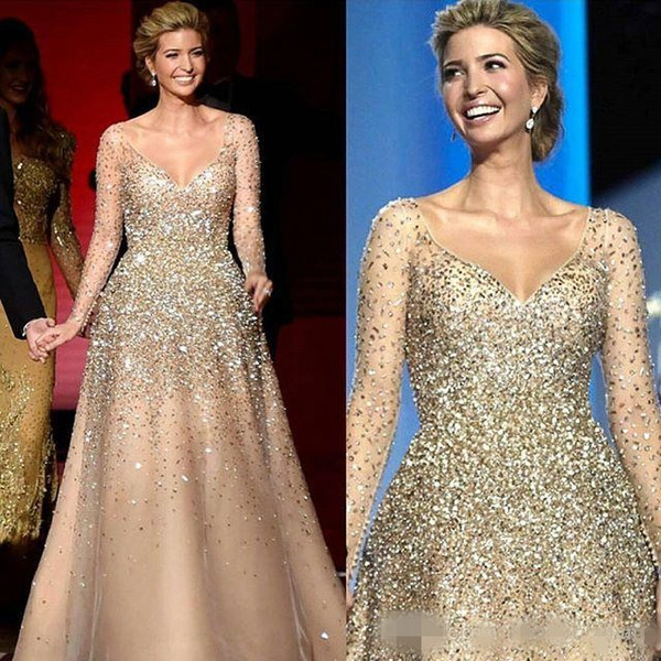 Ivanka Trump Inaugural Celebrity Dresses Champagne Blingbling Beaded Princess Ball Gown Tulle Nude Fashion Evening Gowns Custom Made