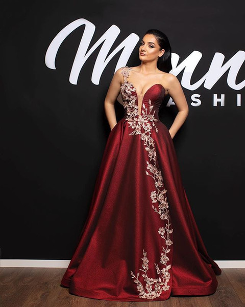 Bugundy One Shoulder Celebrity Dresses Appliques Elastic Satin A Line Floor Length Formal Evening Occasion Prom Dresses Custom Made