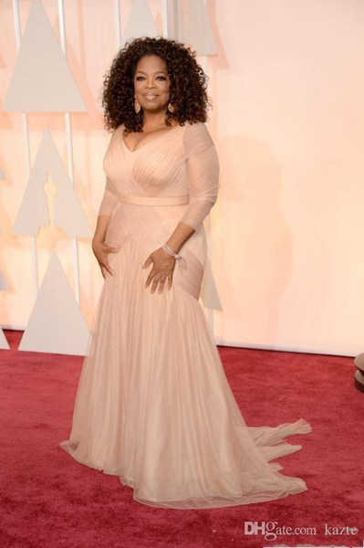 Cheap Oprah Winfrey Oscar Celebrity Dresses Evening Wear plus size v neck sheath tulle with long sleeves Sweep Train Draped Prom Dress