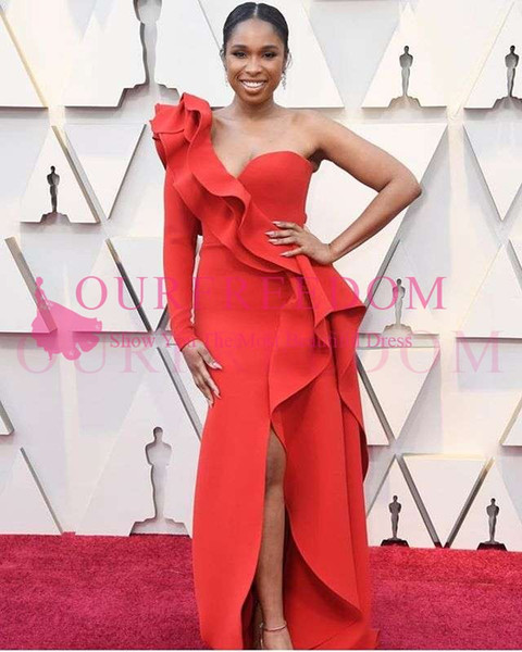 Red One Shoulder Long Sleeve Celebrity Dresses Sexy Side Split Mermaid Red Carpet Formal Evening Dresses Hot Sale Custom Made