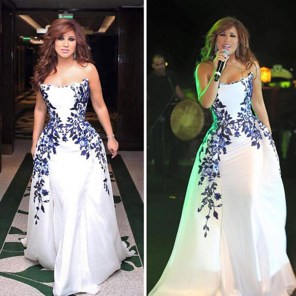 Najwa Karam A-Line White Celebrity Dresses Arabic Dubai Elegant Evening Gowns with Simple Embroidery Floor-Length Women Prom Dress
