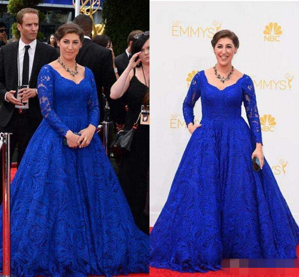 Blue Lace Celebrity Dresses Evening Wear Vintage Emmy Awards Mayim Hoya Bialik New Arrival Party V Neck Long Sleeves Party Prom Dress