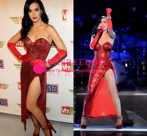 Katy Perry Red Carpet Dresses Sexy Red Sequin Strapless Sweetheart Concert Celebrity Slit Prom Dress Custom Made Cheap Sale
