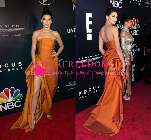 Kendall Jenner Sexy Golden Yellow Slit Celebrity Dress Custom Made Golden Globes After Party Strapless Side Split Formal Evening Dresses