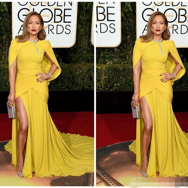 Modest Yellow Mermaid Celebrity Dresses Jewel Neck With Beaded Side Split Red Carpet Dresses With Cape Sweep Train Formal Dresses