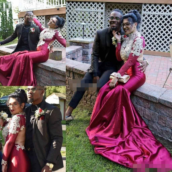 Burgundy Satin High Neck Red Carpet Celebrity Dresses Long Sleeve Appliques Backless Formal Party Gowns Cheap Evening Sexy Prom Dresses