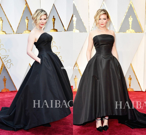 Kirsten Dunst Black 89th Oscars Celebrity Evening Dresses Ball Gown Strapless Hi-Lo Ruffled Formal Prom Dress for Party Gowns