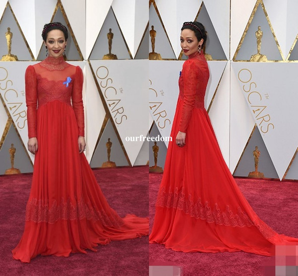 89th Annual Academy Awards Ruth Negga Red Lace Celebrity Dresses Royal High Neck Long Sleeve Floor Length Red Carpet Dresses Cheap For Sale