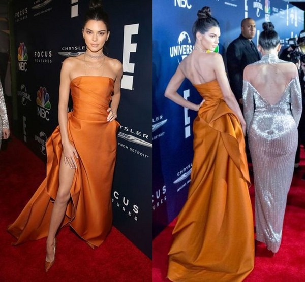 Elegant Dusty Organza Celebrity Dresses Sexy Side Split Satin A Line Strapless Formal Evening Dresses Prom Party Gowns