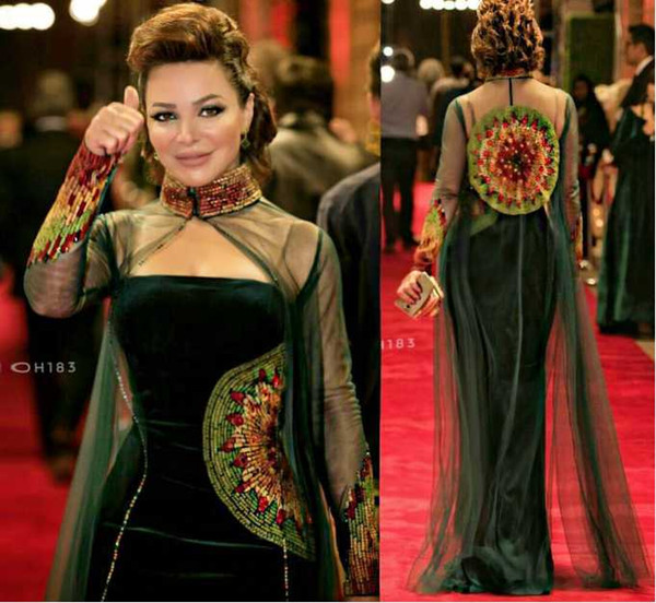 2017 Dark Green Celebrity Dresses Sheath Straspless Velvet Beaded Embroidery Evening Gowns with High Neck Tulle Beaded Illusion Long Cape