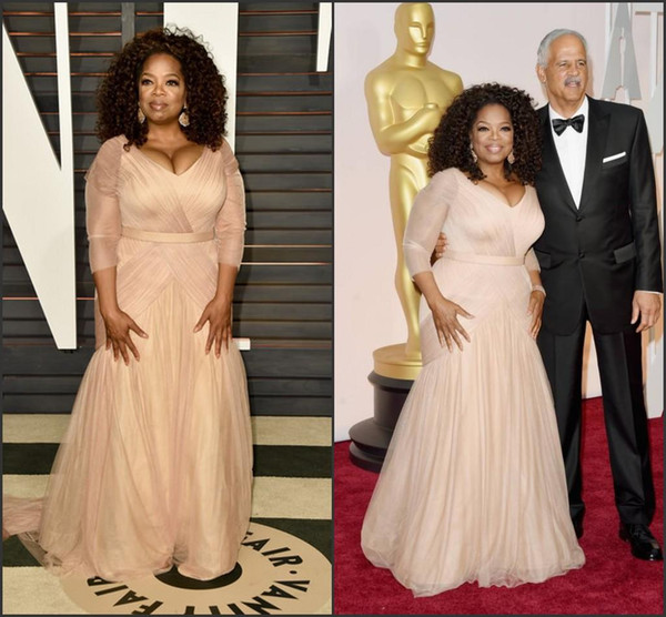 Oprah Winfrey Oscar Celebrity Dresses plus size v neck sheath chiffon with long sleeves mother of bride groom dresses BO9521
