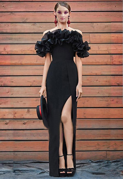 Sexy Evening Dress Off Shoulder Maxi Dress Black Satin with Side Split Zipper Back Floor-Length Custom Celebrity Dresses Party Gowns
