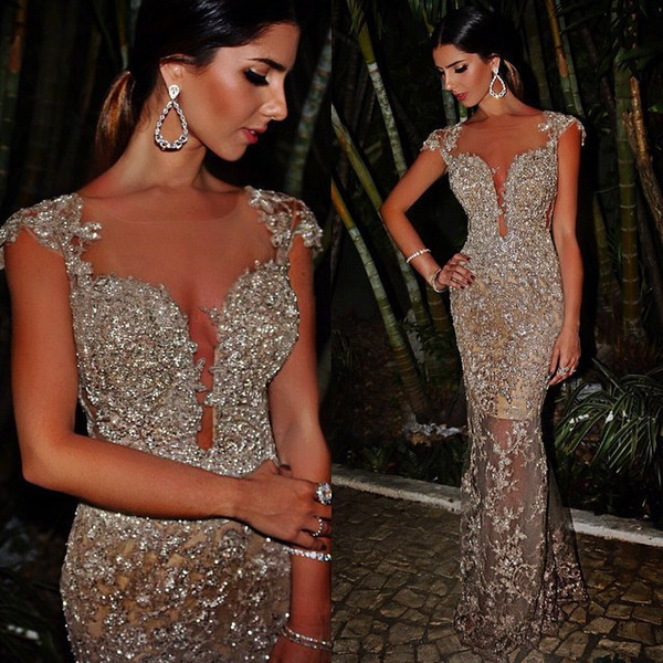 Sexy Luxury Gorgeous Mermaid Red Carpet Celebrity Dresses Sheer Neckine Silver Embroidery Long Evening Dresses Vestido De Fiesta