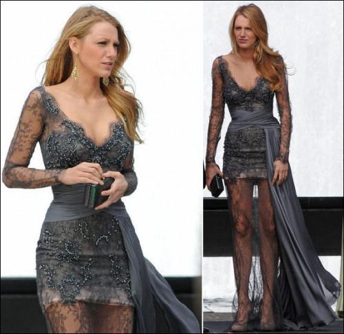 Gossip Girl fashion Blake Lively fashion Zuhair Murad Grey Long Sleeves Prom Dresses Full Lace Beaded Evening Gowns Celebrity Dress