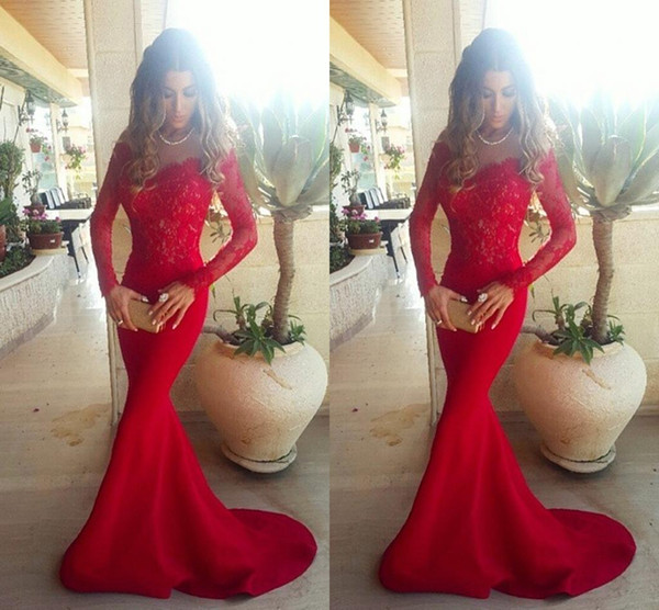 Red Lace Off Shoulder Red Mermaid Evening Dresses 2017 Elegant Long Sleeves Lace Satin Myriam Fares Celebrity Prom Dresses Sweep Train