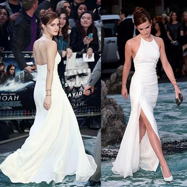 Elegant Emma Watson Celebrity Dresses Halter Neck Backless White Chiffon Side-split Floor-Length Elegant Evening Prom Dresses